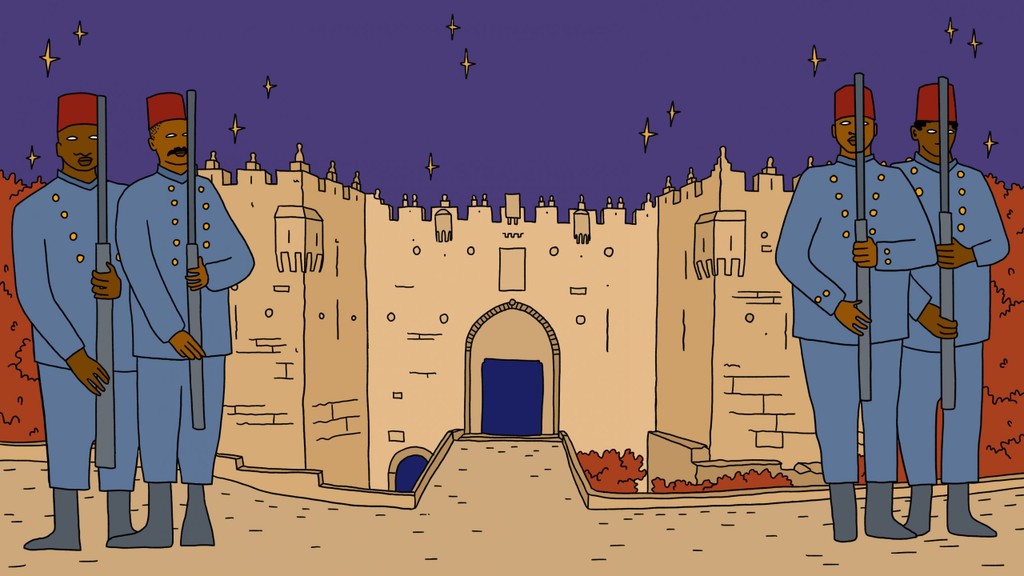 An illustration of prison guards in Ottoman dress standing to attention outside a ribat, which looks like a small fortress built from yellow coloured stone with an arched entrance. The style is simple, with black outlines and block colours.