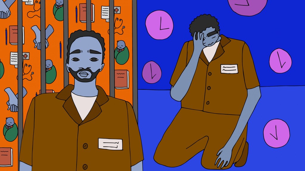 A stylised illustration divided into two panels. On the left, a prisoner in brown uniform stands in front of bars, behind which are symbols of the life he cannot have, such as babies, books, medical equipment. On the right, the same figure kneels with head in hands, as clock faces float around him.