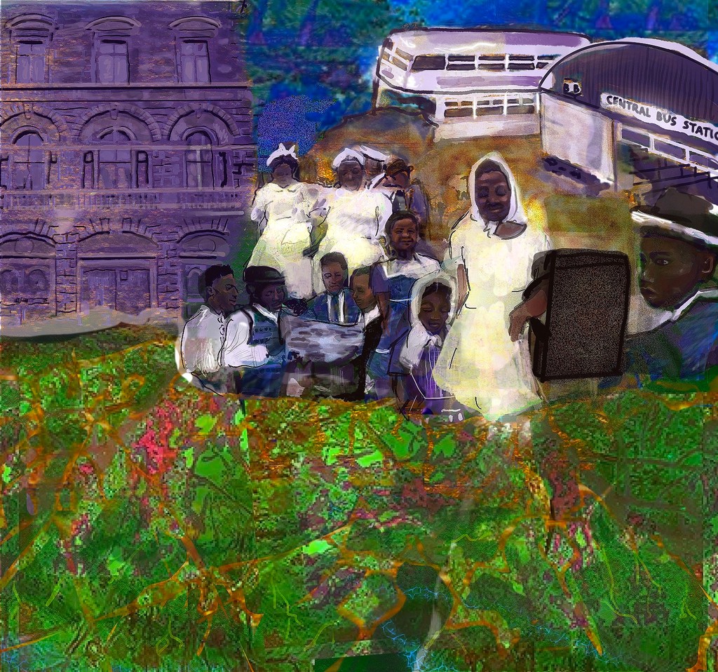 Illustration referencing the arrival of the Windrush generation and Sheffield's African Caribbean community, with figures in the centre of the illustration and an allusion to 'streets paved with gold'
