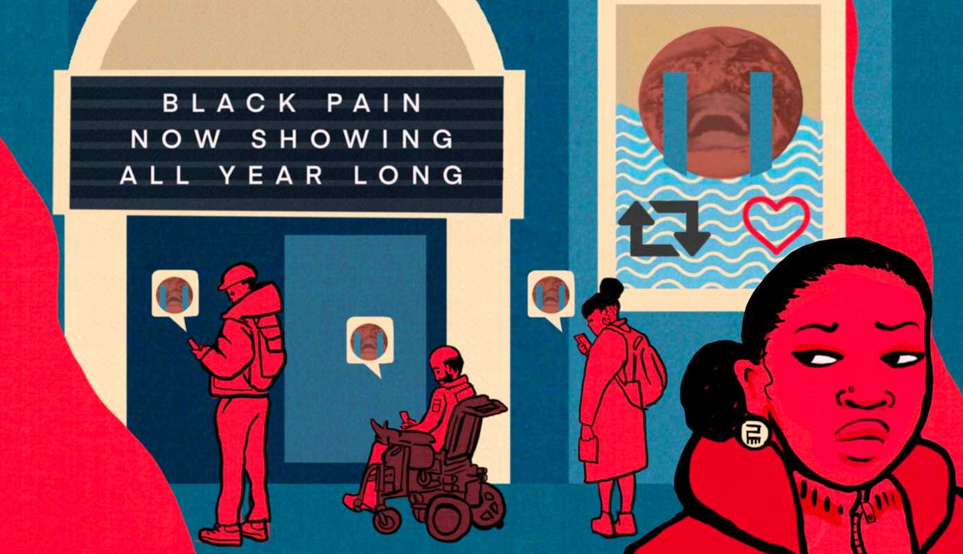 Image of a woman in the right hand foreground side-eyeing a sign outside a cinema that reads "Black Pain Now Showing All Year Long"