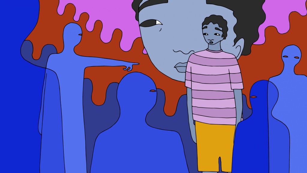 A stylised illustration of a young boy surrounded by indistinct blue and red figures looking and pointing at him.