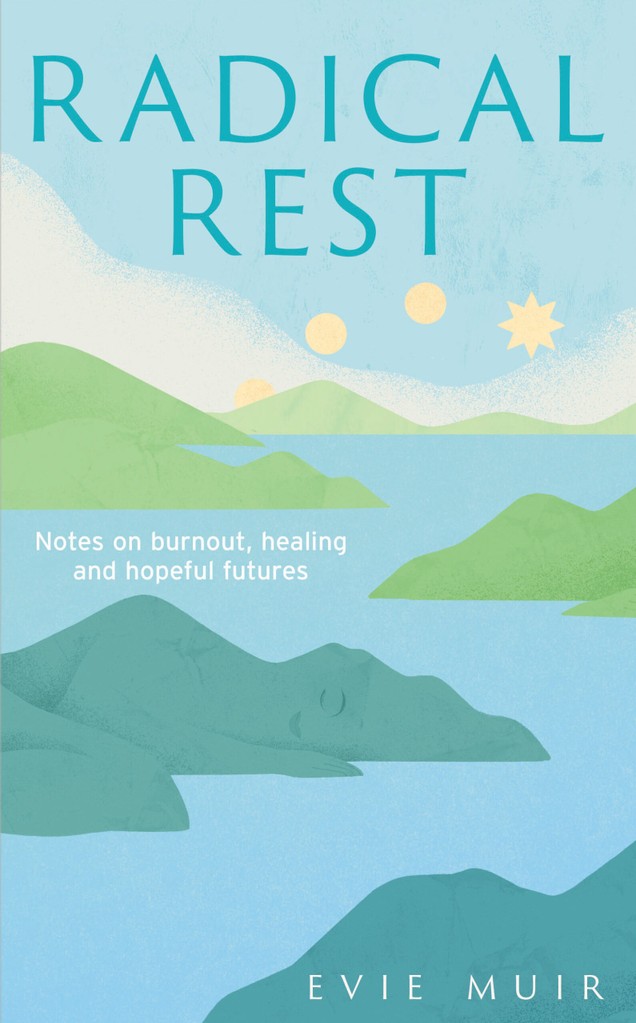 The front cover of Radical Rest: Notes on Burnout, Healing and Hopeful Future. The book's title is set in white text over a simple graphic depiction of a lake, with the sun moving across the sky, and green islands that resemble sleeping figures.