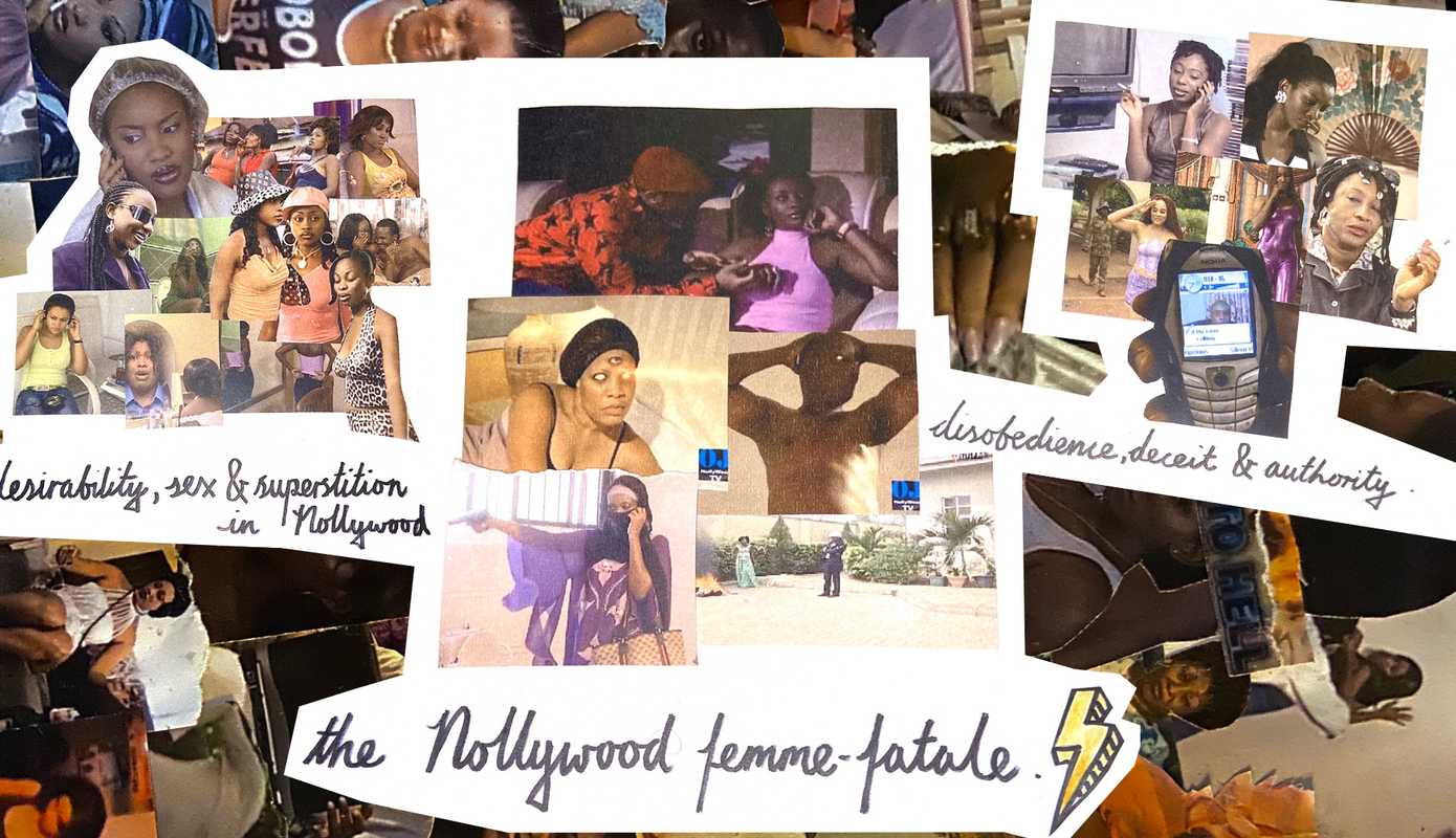 A collage of images of women in Nollywood movies. Three text selections read: "desirability, sex & superstition in Nollywood", "The Nollywood Femme Fatale", and "disobedience, deceit and authority"