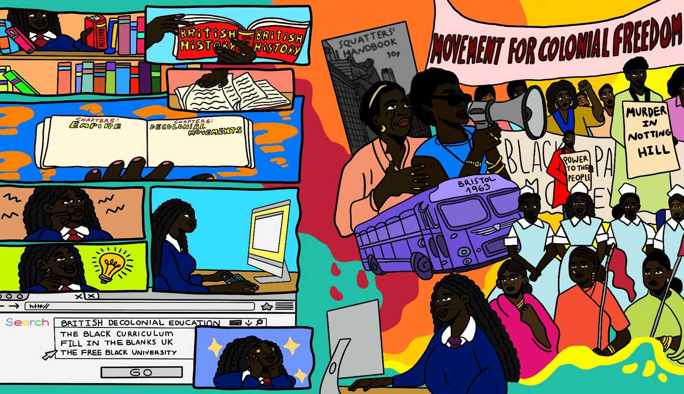 Comic book strip style slider image. On the left hand side of the image, a dark-skinned Black girl looks for a book on British history; she finds no information in the chapters on Empire and Decolonial movements. She has a lightbulb moment and searches online, where she finds resources from The Black Curriculum, Fill In The Blanks UK, and The Free Black University. She has stars in her eyes! On the right side of the image, the girl sits on the computer, and behind her there is a visualisation of all the things she is learning about, including a banner reading "Movement for Colonial Freedom', a Bristol bus in 1963 and a placard reading "Murder in Notting Hill"