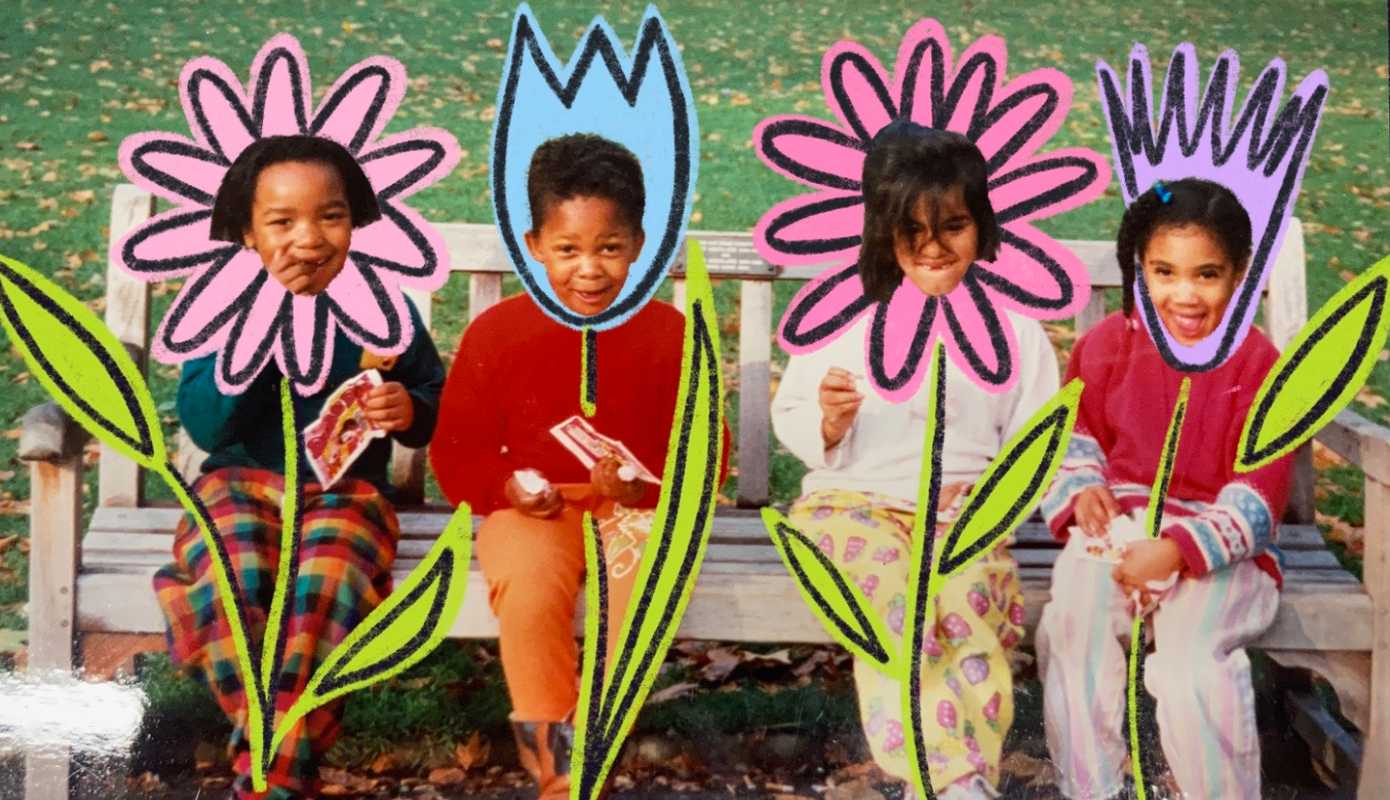 An illustrated image of four young children sitting on a park bench, with flowers that have been illustrated around their heads