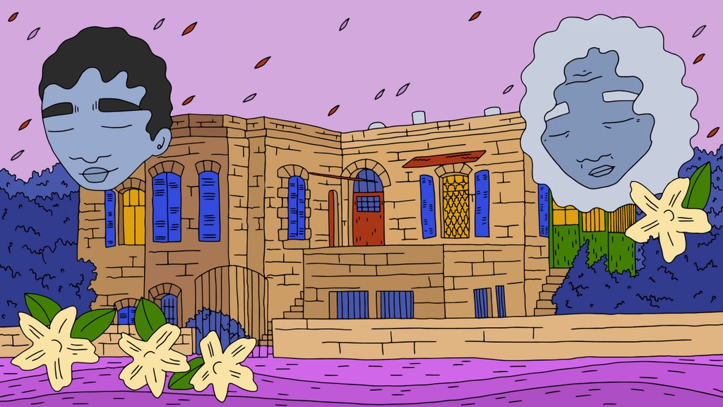 A stylised illustration of a house against a purple sky, jasmine flowers in the foreground. The faces of a young man and an elderly women frame the building, eyes closed and smiling.