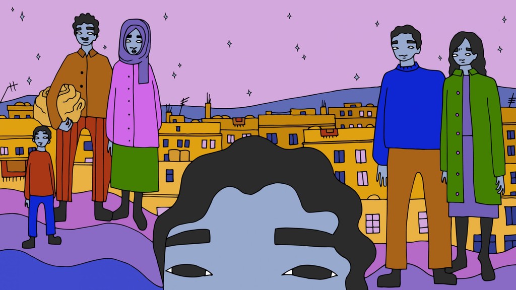 A stylised illustration of a city. Figures in the foreground look out at the viewer.